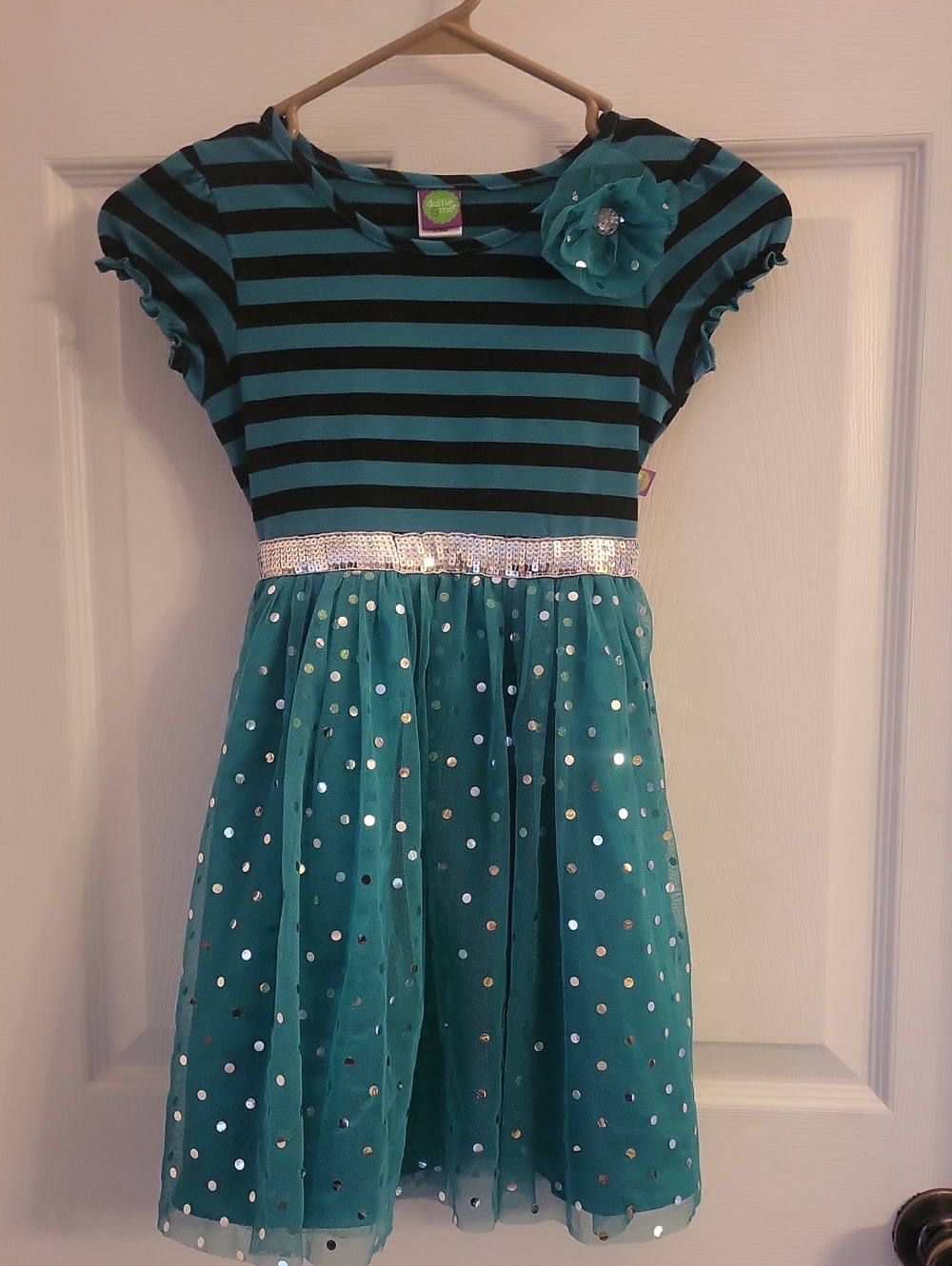 Dollie & Me Teal and Black Striped Party Dress with Sequin Waist Flower Accent